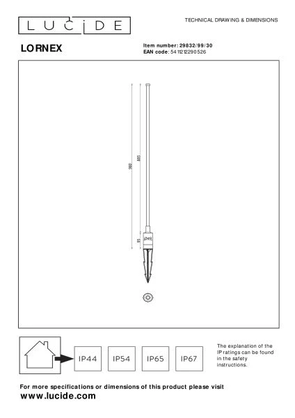 Lucide LORNEX - Gartenstrahler - Ø 4,9 cm - LED - 1x6W 3000K - IP54 - Schwarz - technisch